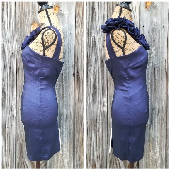 Ruffle Shoulder Cocktail Dress Cache Size 2 Sleeveless Blue Stretch Formal Rose - Picture 3 of 10